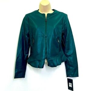 Marc New York - NWT Dark Green Faux Leather Ruffle Bottom zipper Moto Jacket XS